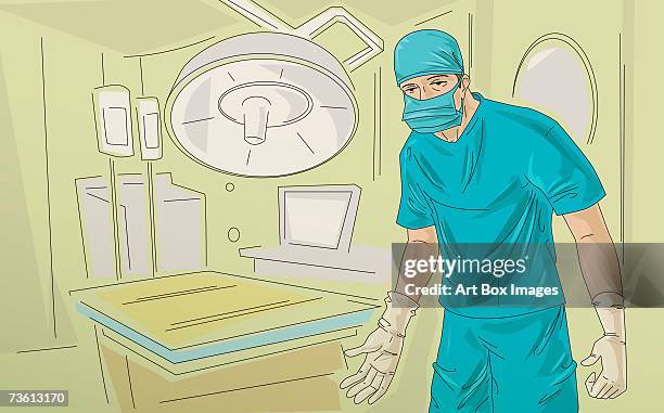 portrait of a surgeon standing in an operating room - operating gown 幅插畫檔、美工圖案、卡通及圖標