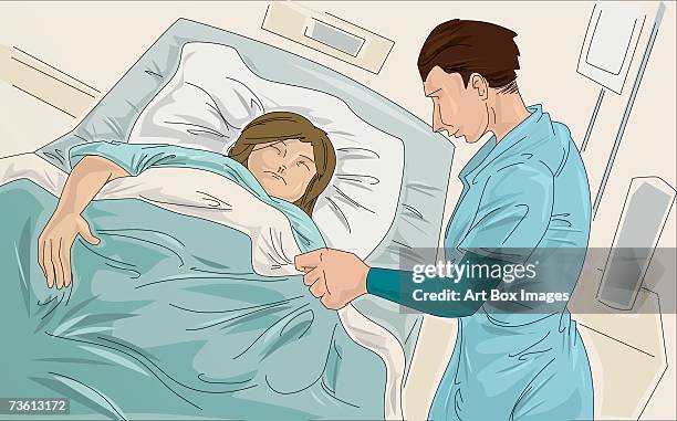 side profile of a male doctor examining a patient - patient lying on back stock illustrations