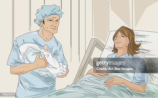 female patient lying on the bed and male doctor carrying a baby - baby lying on back stock illustrations