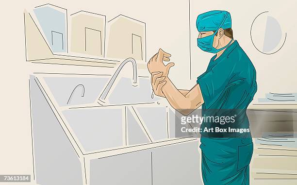 side profile of a male surgeon washing hands under a faucet - operating gown 幅插畫檔、美工圖案、卡通及圖標