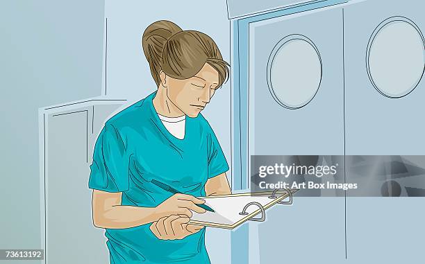 female nurse writing on a clipboard - nurse taking notes stock illustrations