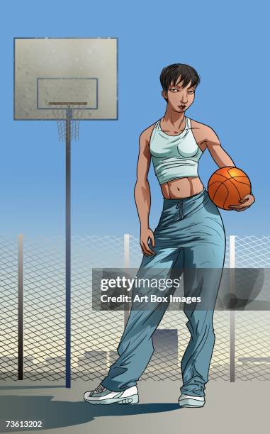 woman standing with a basketball - railing stock illustrations