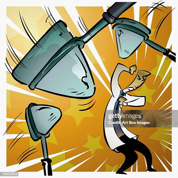 three reflex hammers hitting a male doctor - reflex hammer stock illustrations