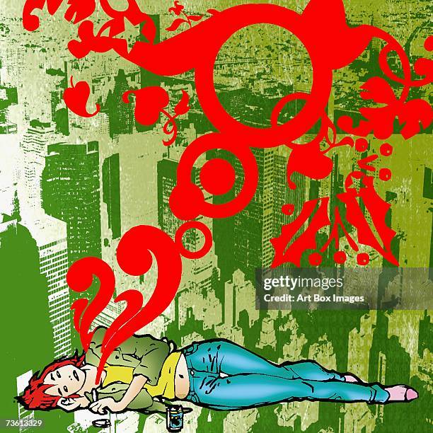 woman lying down and smoking a cigarette - lying down stock-grafiken, -clipart, -cartoons und -symbole