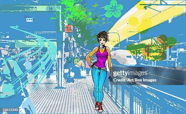 ilustrações de stock, clip art, desenhos animados e ícones de woman walking at a railroad station platform - railroad station platform