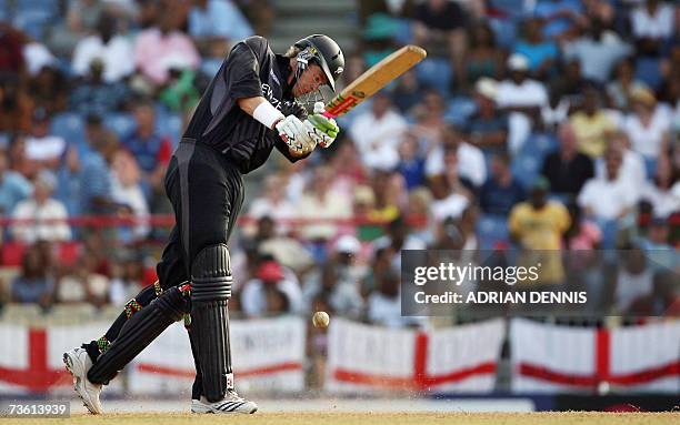 Gros Islet, SAINT LUCIA: New Zealand's Jacob Oram plays a shot during their Group C Cricket World Cup Match at Beausejour cricket ground in Gros...