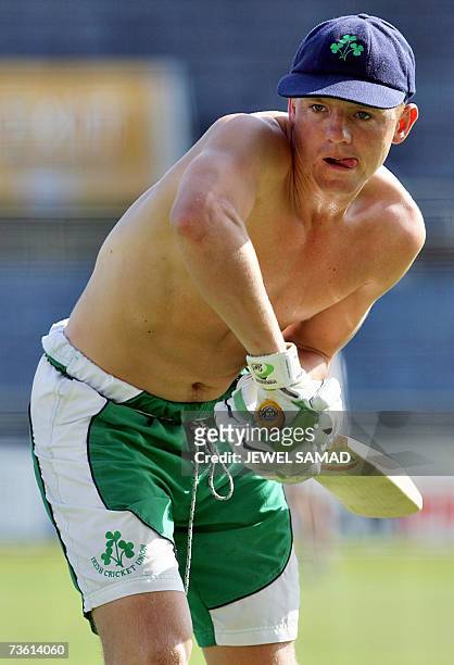 Irish cricketer Niall O'Brien preapres to hit a ball during a practice session at the Sabina Park Cricket Ground in Kingston, 16 March 2007, ahead of...