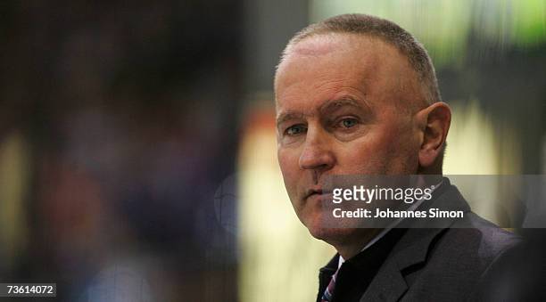 Ron Kennedy, coach of ERC Ingolstadt looks on during the DEL Bundesliga play off game between ERC Ingolstadt and Cologne Haie at the Saturn Arena on...