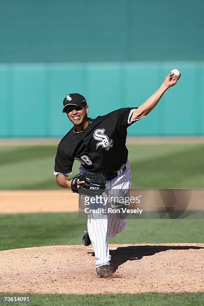 Gio Gonzalez of the Chicago White Sox pitches during the game against the Arizona Diamondbacks at Tucson Electric Park in Tucson, Arizona on March 1,...