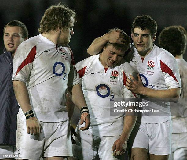 Tom Youngs of England is congratulated by Ollie Dodge at the end of the match after he scores their try during the International Friendly match...