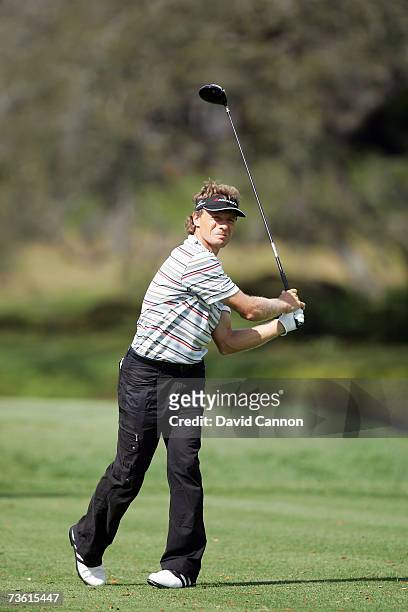 Bernhard Langer of Germany hits his tee shot at the par 4, 16th hole during the second round of the Arnold Palmer Invitational presented by...