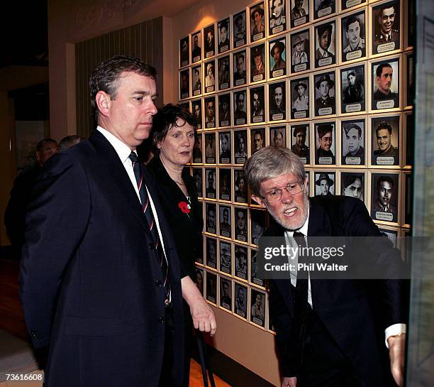 Prince Andrew, Duke of York, New Zealand Prime Minister Helen Clark and Professor Peter Davis view the "B" Company's 28th Maori Battalion Exhibition...