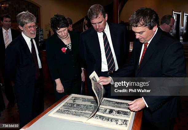 Professor Peter Davis, New Zealand Prime Minister Helen Clark,Prince Andrew, Duke of York and Rotorua Museum Director Greg McManus view the "B"...