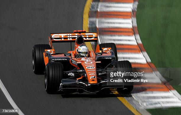 Adrian Sutil of Germany and Spyker F1 practices ahead of qualifying for the Australian Formula One Grand Prix at the Albert Park Circuit on March 17,...