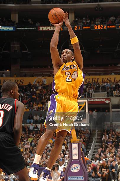 Kobe Bryant of the Los Angeles Lakers puts up a shot against the Portland Trail Blazers at Staples Center March 16, 2007 in Los Angeles, California....