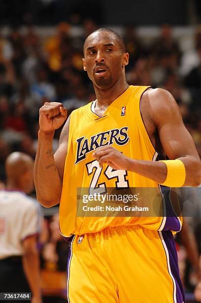 Kobe Bryant of the Los Angeles Lakers pumps his fist after scoring sixty five points against the Portland Trail Blazers on March 16, 2007 at Staples...