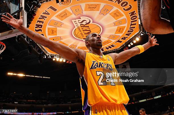 Kobe Bryant of the Los Angeles Lakers plays defense against the Portland Trail Blazers on March 16, 2007 at Staples Center in Los Angeles,...