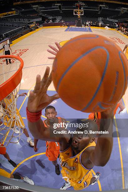 Babacar Camara of the Los Angeles D-Fenders goes strong to the hoop against the Albuquerque Thunderbirds on March 16, 2007 at Staples Center in Los...