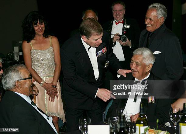 Prince Andrew, Duke of York meets war veterans at the gala dinner in honour of the members of the 28th Maori Battalion at the Energy Events Centre on...