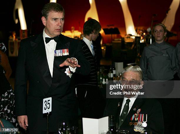 Prince Andrew, Duke of York meets war veterans at the gala dinner in honour of the members of the 28th Maori Battalion at the Energy Events Centre on...