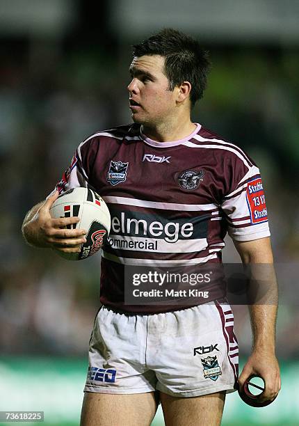 Jamie Lyon of the Sea Eagles prepares to take a conversion during the round one NRL match between the Manly Warringah Sea Eagles and the Canberra...