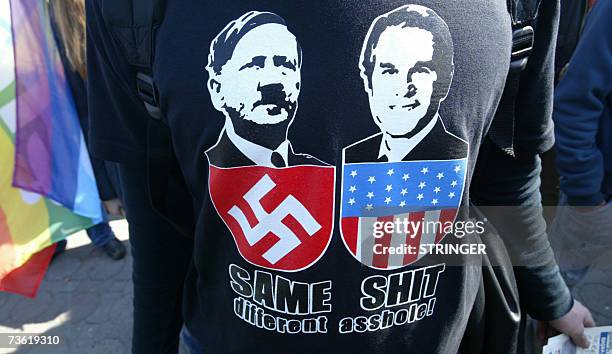 Protestor wears a t-shirt with pictures of George Bush and Adolf Hitler during a rally against the war in Iraq in Kadikoy district, Istanbul, 17...