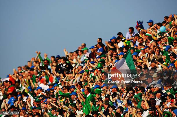 Irish fans celebrate during the RBS Six Nations match between Italy and Ireland at Stadio Flaminio on March 17, 2007 in Rome, Italy.