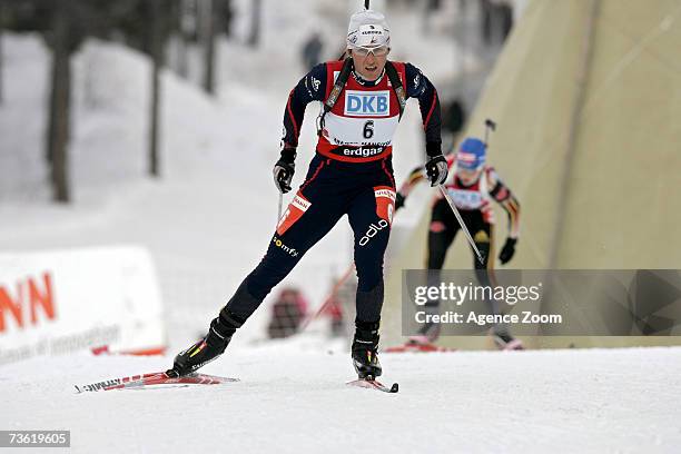 Florence Baverel-Robert of France compete during the IBU Biathlon World Cup Finals - Women's Pursuit event on March 17, 2007 in Khanty Mansiysk,...