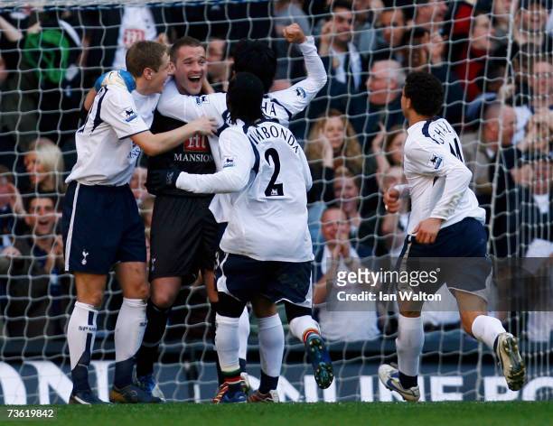 Goalkeeper Paul Robinson of Tottenham Hotspur celebrates scoring a goal during the Barclays Premiership match between Tottenham Hotspur and Watford...