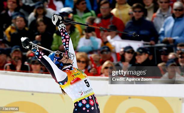 Veronika Zuzulova from Slovakia takes 3rd place in the Women's Slalom during the FIS Skiing World Cup Finals on March 17, 2007 in Lenzerheide,...