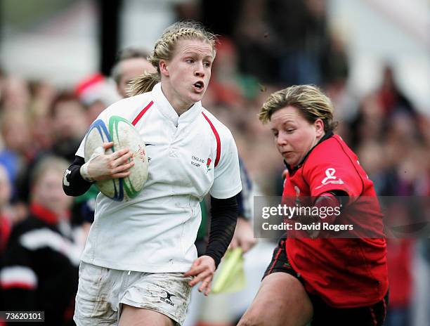 Danielle Waterman of England runs in her second try of the match during the Women's Rugby Union International match between Wales and England at...