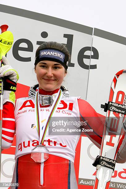 Sarka Zahrobska from the Czech Republic takes 3rd place in the Women's Overall Slalom during the FIS Skiing World Cup Finals on March 17, 2007 in...