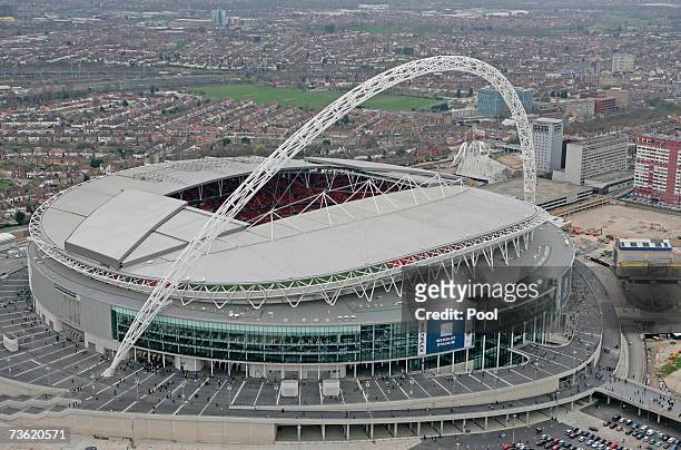 An aerial view of Wembley Stadium on the Wembley Stadium Community Day on March 17, 2007 in London. The Stadium expects around 60,000 people to...