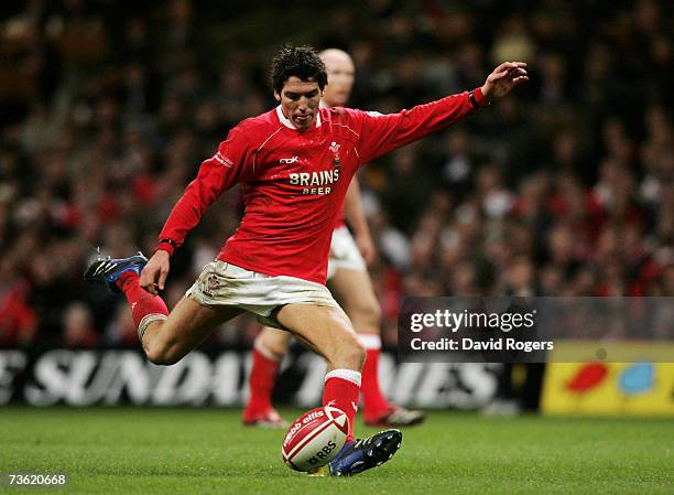 James Hook of Wales kicks a penalty during the RBS Six Nations Championship match between Wales and England at the Millennium Stadium on March 17,...