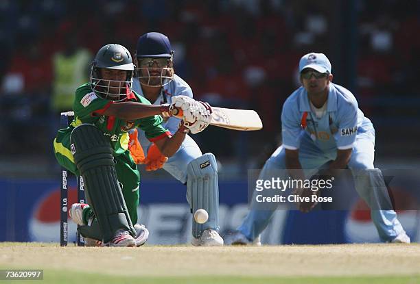 Saqibul Hasan of Bangladesh in action during the ICC Cricket World Cup 2007 Group B match between Bangladesh and India at the Queens Park Oval...