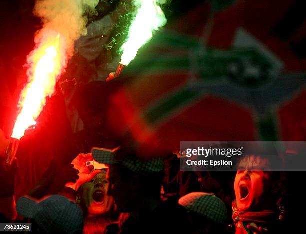 Fans light flares during the Russian Football League Championship match between FC Lokomotiv Moscow and FC Rubin Kazan on March 17, 2007 in Moscow,...