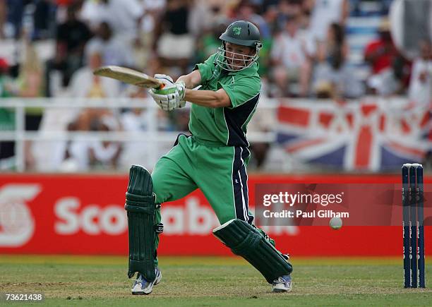 Niall O'Brien of Ireland hits out on his way to making fifty runs during the ICC Cricket World Cup 2007 Group D match between Ireland and Pakistan at...