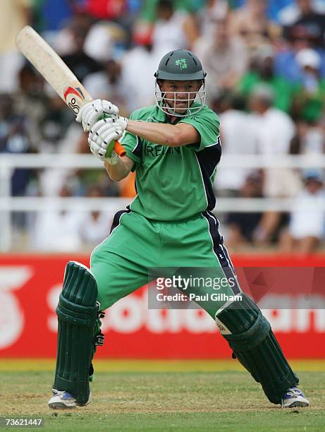 Niall O'Brien of Ireland hits out on his way to making fifty runs during the ICC Cricket World Cup 2007 Group D match between Ireland and Pakistan at...