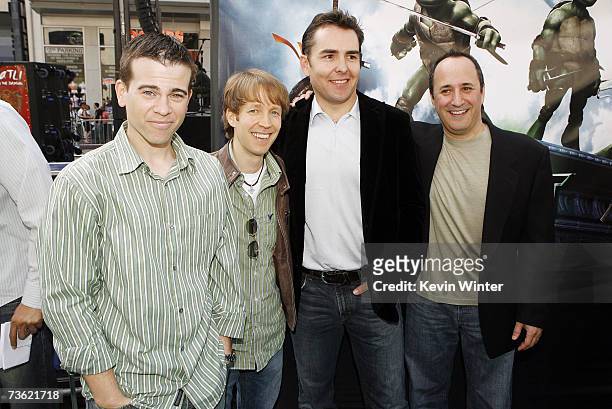 Voice actors Mikey Kelley , James Arnold Taylor, Nolan North and Mitchell Whitfield pose at the premiere of Warner Bros. Picture's Teenage Mutant...