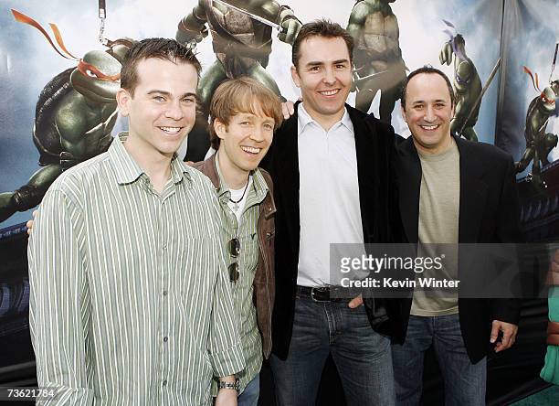 Voice actors Mikey Kelley, James Arnold Taylor, Nolan North and Mitchell Whitfield pose at the premiere of Warner Bros. Picture's Teenage Mutant...