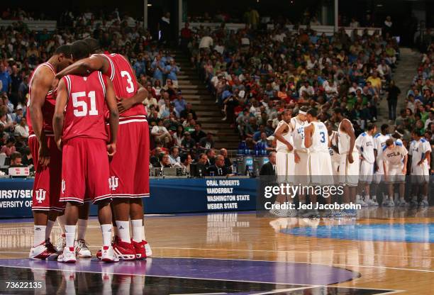 The Indiana Hoosiers and the UCLA Bruins huddle up before the round two game of the NCAA Men's Basketball Tournament at Arco Arena on March 17, 2007...