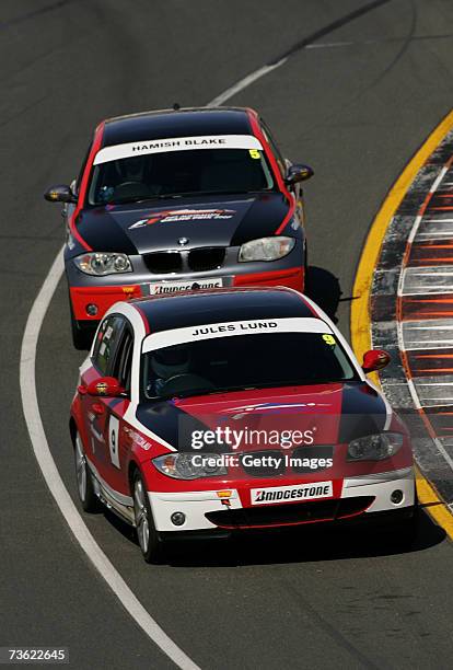 Television personalities Jules Lund and Hamish Blake compete in the Celebity Challenge during the 2007 FORMULA 1TM ING Australian Grand Prix at...