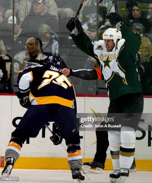 Mike Modano of the Dallas Stars celebrates goal against Jerred Smithson of the Nashville Predators at Nashville Arena March 17, 2007 in Nashville,...