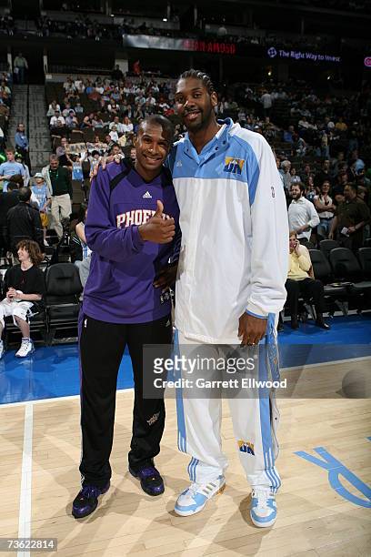 Fellow Brazilians Nene of the Denver Nuggets and Leandro Barbosa of the Phoenix Suns pose for a photo prior to the game on March 17, 2007 at the...