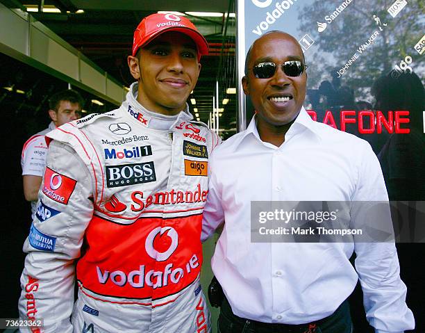 Lewis Hamilton of Great Britain and McLaren Mercedes pictured with his father Anthony Hamilton after the Australian Formula One Grand Prix at the...