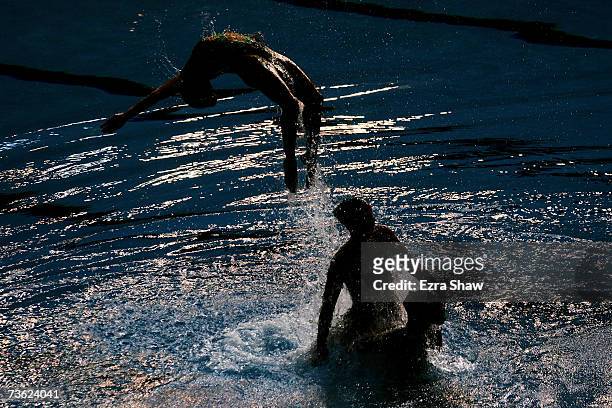 Team Italy performs in the Free Combination Routine Final at the synchronized swimming event during the XII FINA World Championships at the Rod Laver...