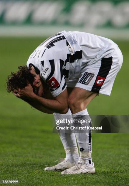 Frederico Insua of Monchengladbach looks disappointed after losing 0-1 the Bundesliga match between Bayer Leverkusen and Borussia Monchengladbach at...