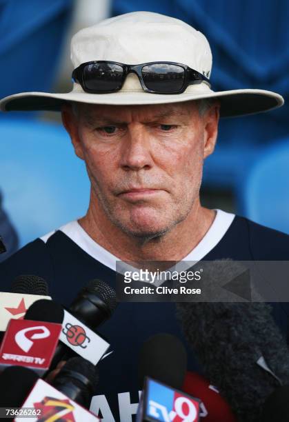 Greg Chappell of India speaks to the gathered media prior to the ICC Cricket World Cup 2007 Group B match between Bermuda and India at the Queens...