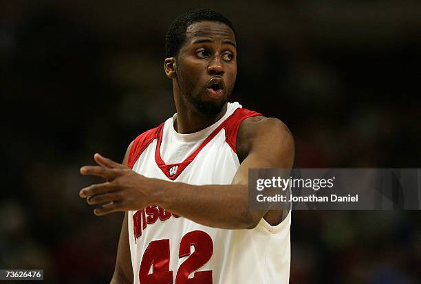 Alando Tucker of the Wisconsin Badgers gestures against the UNLV Runnin' Rebels during the second round of the NCAA Men's Basketball Tournament at...