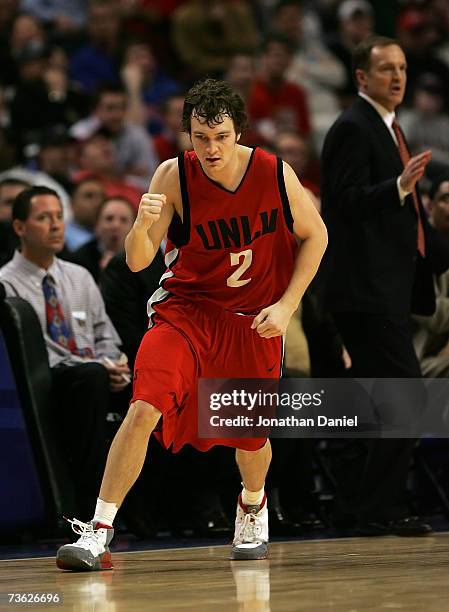 Kevin Kruger of the UNLV Runnin' Rebels celebrates as he runs back on defense after he made a 3-point shot late in the second half against the...